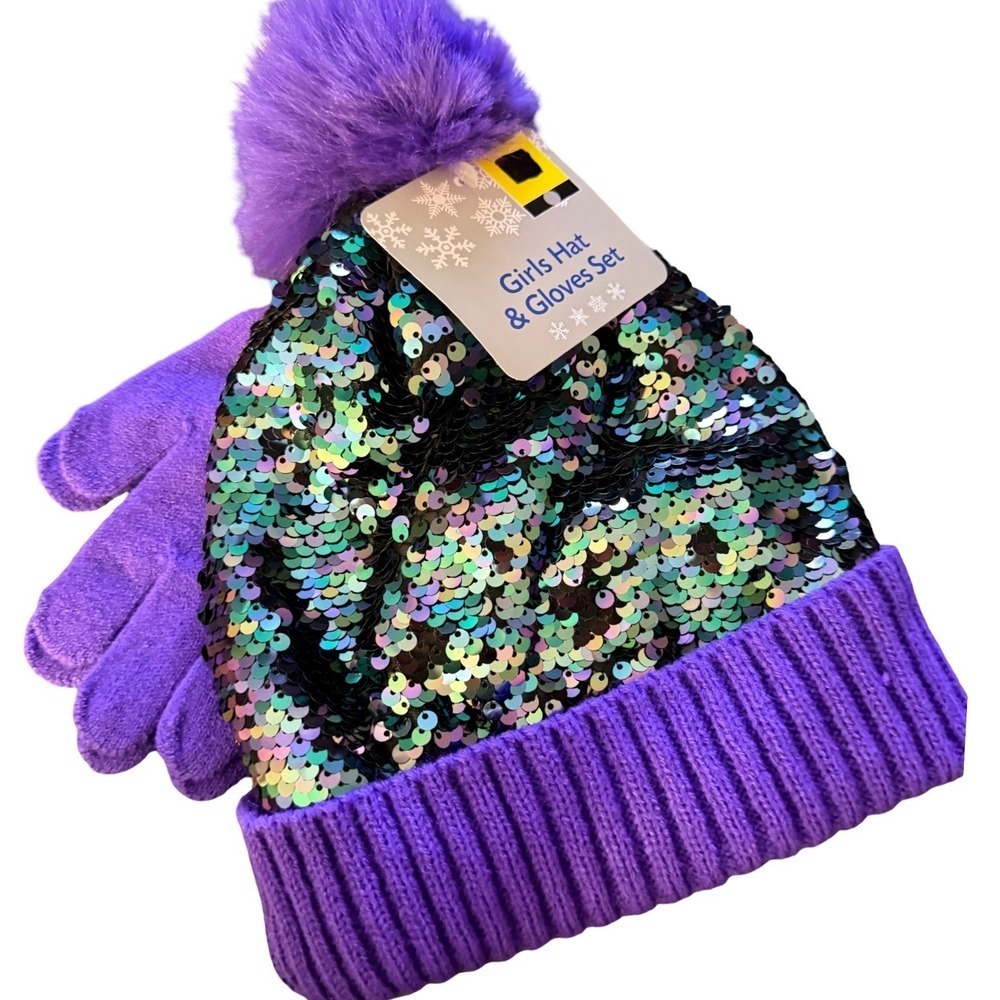 Girls Purple Sequin Beanie Hat and Gloves Set with Pom Pom Size 4-5T - Picture 8 of 8